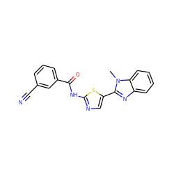 Cn1c(-c2cnc(NC(=O)c3cccc(C#N)c3)s2)nc2ccccc21 ZINC000653808464