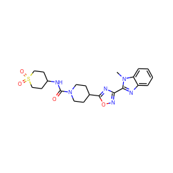 Cn1c(-c2noc(C3CCN(C(=O)NC4CCS(=O)(=O)CC4)CC3)n2)nc2ccccc21 ZINC000072178448