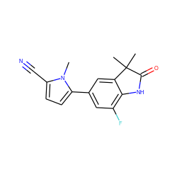 Cn1c(C#N)ccc1-c1cc(F)c2c(c1)C(C)(C)C(=O)N2 ZINC000029133439