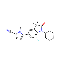 Cn1c(C#N)ccc1-c1cc(F)c2c(c1)C(C)(C)C(=O)N2C1CCCCC1 ZINC000029133103