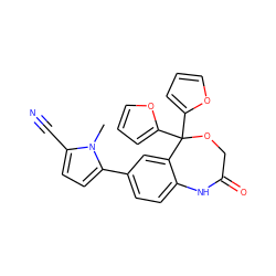 Cn1c(C#N)ccc1-c1ccc2c(c1)C(c1ccco1)(c1ccco1)OCC(=O)N2 ZINC000040937612