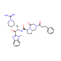 Cn1c(C(=O)[C@H](C[C@@H]2CCCN(C(=N)N)C2)NC(=O)[C@@H]2CC[C@H]3CN(C(=O)CCc4ccccc4)CC(=O)N32)nc2ccccc21 ZINC000027903637