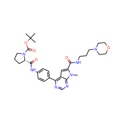 Cn1c(C(=O)NCCCN2CCOCC2)cc2c(-c3ccc(NC(=O)[C@@H]4CCCN4C(=O)OC(C)(C)C)cc3)ncnc21 ZINC000653850193