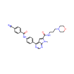 Cn1c(C(=O)NCCCN2CCOCC2)cc2c(-c3ccc(NC(=O)c4ccc(C#N)cc4)cc3)ncnc21 ZINC000653850705