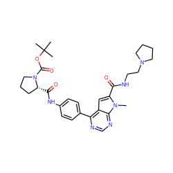 Cn1c(C(=O)NCCN2CCCC2)cc2c(-c3ccc(NC(=O)[C@@H]4CCCN4C(=O)OC(C)(C)C)cc3)ncnc21 ZINC000653844254