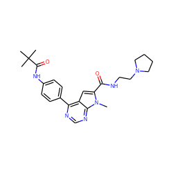 Cn1c(C(=O)NCCN2CCCC2)cc2c(-c3ccc(NC(=O)C(C)(C)C)cc3)ncnc21 ZINC000653844334