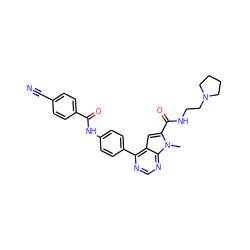 Cn1c(C(=O)NCCN2CCCC2)cc2c(-c3ccc(NC(=O)c4ccc(C#N)cc4)cc3)ncnc21 ZINC000653853272