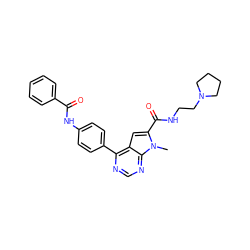 Cn1c(C(=O)NCCN2CCCC2)cc2c(-c3ccc(NC(=O)c4ccccc4)cc3)ncnc21 ZINC000653845420