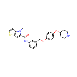 Cn1c(C(=O)Nc2cccc(COc3ccc(OC4CCNCC4)cc3)c2)cc2sccc21 ZINC001772614243