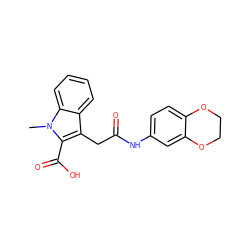 Cn1c(C(=O)O)c(CC(=O)Nc2ccc3c(c2)OCCO3)c2ccccc21 ZINC000003660278