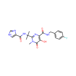 Cn1c(C(C)(C)NC(=O)c2c[nH]cn2)nc(C(=O)NCc2ccc(F)cc2)c(O)c1=O ZINC000036925336