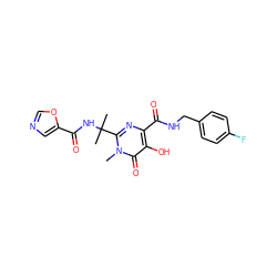 Cn1c(C(C)(C)NC(=O)c2cnco2)nc(C(=O)NCc2ccc(F)cc2)c(O)c1=O ZINC000040392682