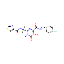 Cn1c(C(C)(C)NC(=O)c2cscn2)nc(C(=O)NCc2ccc(F)cc2)c(O)c1=O ZINC000040379795