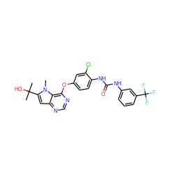 Cn1c(C(C)(C)O)cc2ncnc(Oc3ccc(NC(=O)Nc4cccc(C(F)(F)F)c4)c(Cl)c3)c21 ZINC000064415747