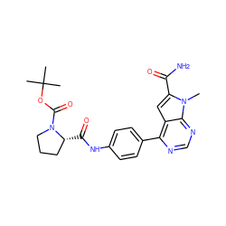 Cn1c(C(N)=O)cc2c(-c3ccc(NC(=O)[C@@H]4CCCN4C(=O)OC(C)(C)C)cc3)ncnc21 ZINC000653850094