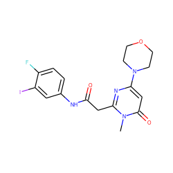 Cn1c(CC(=O)Nc2ccc(F)c(I)c2)nc(N2CCOCC2)cc1=O ZINC000115067882