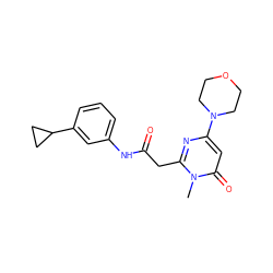 Cn1c(CC(=O)Nc2cccc(C3CC3)c2)nc(N2CCOCC2)cc1=O ZINC000144925090