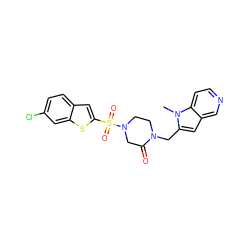 Cn1c(CN2CCN(S(=O)(=O)c3cc4ccc(Cl)cc4s3)CC2=O)cc2cnccc21 ZINC000013493283