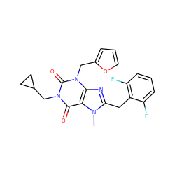 Cn1c(Cc2c(F)cccc2F)nc2c1c(=O)n(CC1CC1)c(=O)n2Cc1ccco1 ZINC000045354274