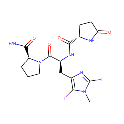 Cn1c(I)nc(C[C@H](NC(=O)[C@@H]2CCC(=O)N2)C(=O)N2CCC[C@H]2C(N)=O)c1I ZINC000653733705