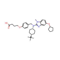 Cn1c(N(Cc2ccc(OCCCC(=O)O)cc2)[C@H]2CC[C@H](C(C)(C)C)CC2)nc2cc(OC3CCCC3)ccc21 ZINC000261184085