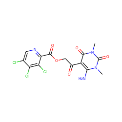 Cn1c(N)c(C(=O)COC(=O)c2ncc(Cl)c(Cl)c2Cl)c(=O)n(C)c1=O ZINC000003377465