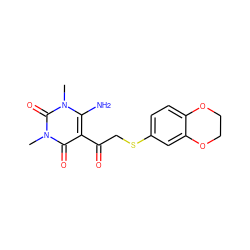 Cn1c(N)c(C(=O)CSc2ccc3c(c2)OCCO3)c(=O)n(C)c1=O ZINC000002652944