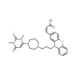 Cn1c(N2CCCN(CCCN3c4ccccc4Sc4ccc(/C=C\C(=O)O)cc43)CC2)cc(=O)n(C)c1=O ZINC000043018622