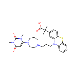 Cn1c(N2CCCN(CCCN3c4ccccc4Sc4ccc(C(C)(C)C(=O)O)cc43)CC2)cc(=O)n(C)c1=O ZINC000043078706