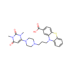 Cn1c(N2CCN(CCCN3c4ccccc4Sc4ccc(C(=O)O)cc43)CC2)cc(=O)n(C)c1=O ZINC000043021714