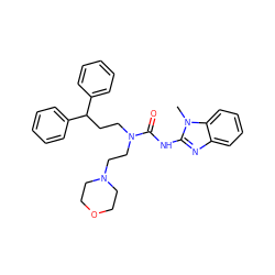 Cn1c(NC(=O)N(CCC(c2ccccc2)c2ccccc2)CCN2CCOCC2)nc2ccccc21 ZINC000096258223