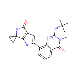 Cn1c(NC(C)(C)C)nc2c(-c3cc4c([nH]3)C3(CC3)NC4=O)cccc2c1=O ZINC000222462053