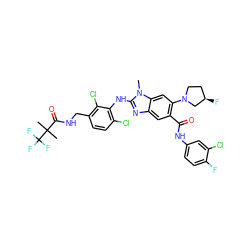 Cn1c(Nc2c(Cl)ccc(CNC(=O)C(C)(C)C(F)(F)F)c2Cl)nc2cc(C(=O)Nc3ccc(F)c(Cl)c3)c(N3CC[C@@H](F)C3)cc21 ZINC000169701053