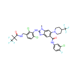 Cn1c(Nc2c(Cl)ccc(CNC(=O)C(C)(C)C(F)(F)F)c2Cl)nc2cc(C(=O)Nc3ccc(F)c(Cl)c3)c(N3CCC(C(F)(F)F)CC3)cc21 ZINC000169701049