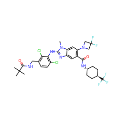 Cn1c(Nc2c(Cl)ccc(CNC(=O)C(C)(C)C)c2Cl)nc2cc(C(=O)N[C@H]3CC[C@H](C(F)(F)F)CC3)c(N3CC(F)(F)C3)cc21 ZINC000261073938