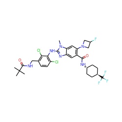 Cn1c(Nc2c(Cl)ccc(CNC(=O)C(C)(C)C)c2Cl)nc2cc(C(=O)N[C@H]3CC[C@H](C(F)(F)F)CC3)c(N3CC(F)C3)cc21 ZINC000261096488