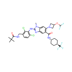 Cn1c(Nc2c(Cl)ccc(CNC(=O)C(C)(C)C)c2Cl)nc2cc(C(=O)N[C@H]3CC[C@H](C(F)(F)F)CC3)c(N3CC(OC(F)F)C3)cc21 ZINC000261071631