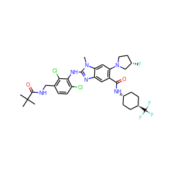 Cn1c(Nc2c(Cl)ccc(CNC(=O)C(C)(C)C)c2Cl)nc2cc(C(=O)N[C@H]3CC[C@H](C(F)(F)F)CC3)c(N3CC[C@H](F)C3)cc21 ZINC000261131765