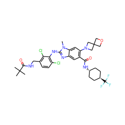 Cn1c(Nc2c(Cl)ccc(CNC(=O)C(C)(C)C)c2Cl)nc2cc(C(=O)N[C@H]3CC[C@H](C(F)(F)F)CC3)c(N3CC4(COC4)C3)cc21 ZINC000261181919