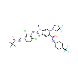 Cn1c(Nc2c(Cl)ccc(CNC(=O)C(C)(C)C)c2Cl)nc2cc(C(=O)N[C@H]3CC[C@H](C(F)(F)F)CC3)c(N3CCC(F)(F)C3)cc21 ZINC000261104743