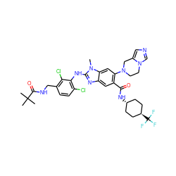 Cn1c(Nc2c(Cl)ccc(CNC(=O)C(C)(C)C)c2Cl)nc2cc(C(=O)N[C@H]3CC[C@H](C(F)(F)F)CC3)c(N3CCn4cncc4C3)cc21 ZINC000261073282