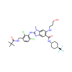 Cn1c(Nc2c(Cl)ccc(CNC(=O)C(C)(C)C)c2Cl)nc2cc(C(=O)N[C@H]3CC[C@H](C(F)(F)F)CC3)c(NCCCO)cc21 ZINC000261169334