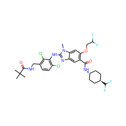 Cn1c(Nc2c(Cl)ccc(CNC(=O)C(C)(C)C)c2Cl)nc2cc(C(=O)N[C@H]3CC[C@H](C(F)F)CC3)c(OCC(F)F)cc21 ZINC000261088694