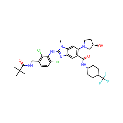 Cn1c(Nc2c(Cl)ccc(CNC(=O)C(C)(C)C)c2Cl)nc2cc(C(=O)NC3CCC(C(F)(F)F)CC3)c(N3CC[C@@H](O)C3)cc21 ZINC000169700957