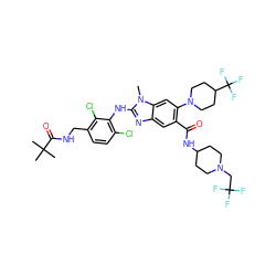 Cn1c(Nc2c(Cl)ccc(CNC(=O)C(C)(C)C)c2Cl)nc2cc(C(=O)NC3CCN(CC(F)(F)F)CC3)c(N3CCC(C(F)(F)F)CC3)cc21 ZINC000169700927