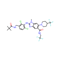 Cn1c(Nc2c(Cl)ccc(CNC(=O)C(C)(C)C)c2Cl)nc2cc(C(=O)NCC(F)(F)F)c(N3CCC(C(F)(F)F)CC3)cc21 ZINC000169700894