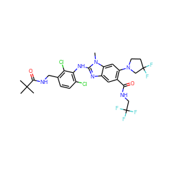 Cn1c(Nc2c(Cl)ccc(CNC(=O)C(C)(C)C)c2Cl)nc2cc(C(=O)NCC(F)(F)F)c(N3CCC(F)(F)C3)cc21 ZINC000165399291