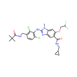 Cn1c(Nc2c(Cl)ccc(CNC(=O)C(C)(C)C)c2Cl)nc2cc(C(=O)NCC3CC3)c(OCC(F)F)cc21 ZINC000169703114