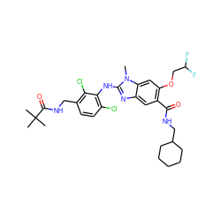 Cn1c(Nc2c(Cl)ccc(CNC(=O)C(C)(C)C)c2Cl)nc2cc(C(=O)NCC3CCCCC3)c(OCC(F)F)cc21 ZINC000169703112