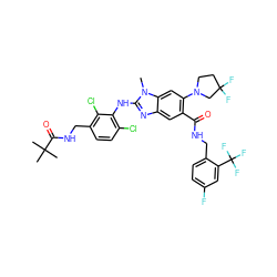 Cn1c(Nc2c(Cl)ccc(CNC(=O)C(C)(C)C)c2Cl)nc2cc(C(=O)NCc3ccc(F)cc3C(F)(F)F)c(N3CCC(F)(F)C3)cc21 ZINC000169700912